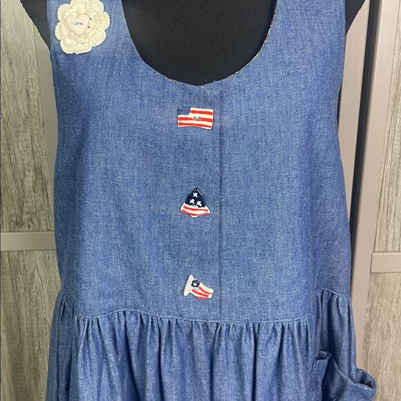 Vintage 90's Handcrafted Patriotic Denim Dress with Flag Buttons Women's L - Picture 4 of 12